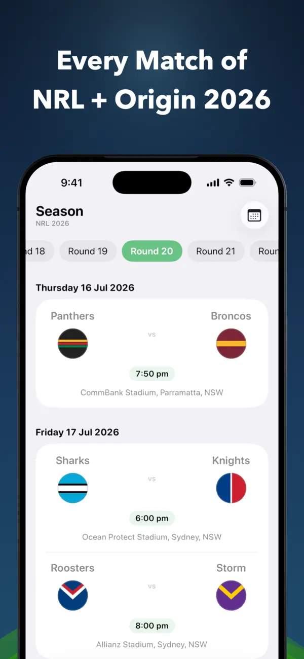 Six Again showing the full NRL season draw round by round