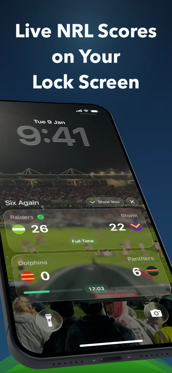 Six Again Live Activity showing a live NRL score on an iPhone Lock Screen