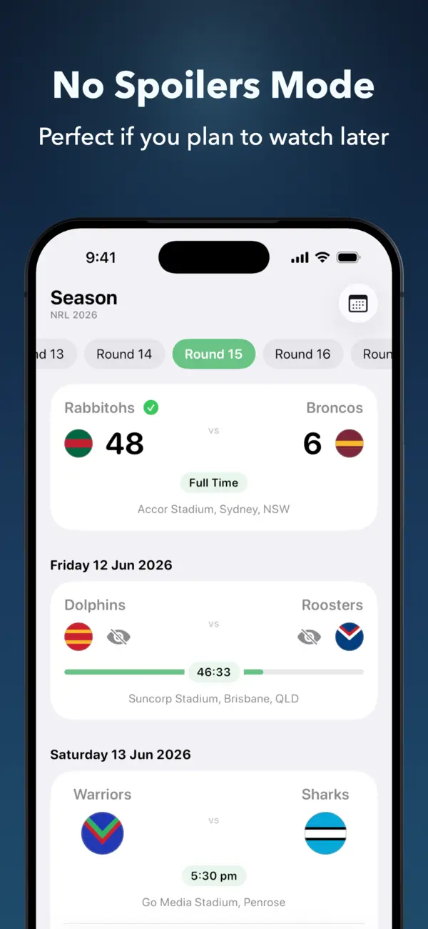 Six Again Avoid Spoilers mode hiding an NRL match score