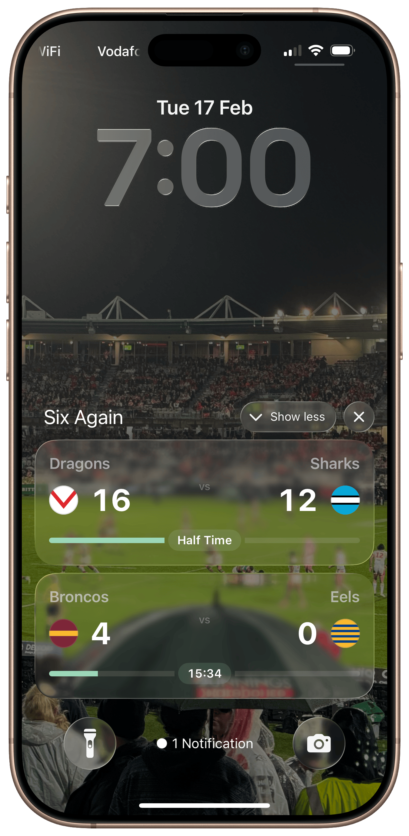 Six Again Live Activity showing a live NRL score on an iPhone Lock Screen